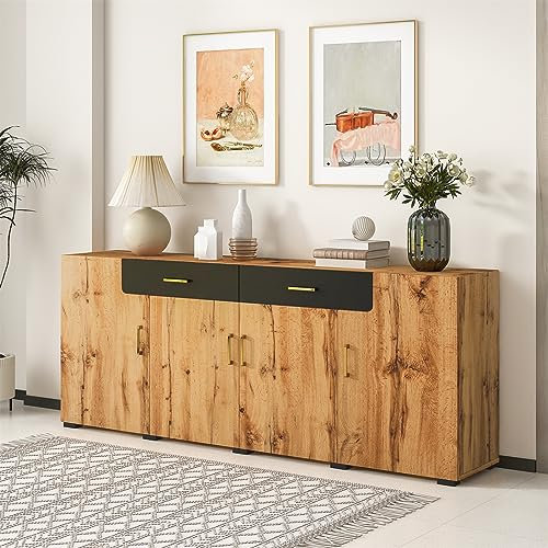 Sweiko Kommode mit 4 Türen und 2 Schubladen, Eiche Farbe Sideboard mit Verstellbare Ablage, Schubladenkommode Küchenschrank Holz Mehrzweckschrank für Flur Schlafzimmer Wohnzimmer Badezimmer