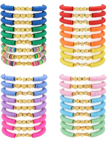 Asivsa 36 Pcs Preppy Friendship Bracelets for Teen Girls Heishi Cute Clay Beads Bracelets Bulk Colorful Heart Star Crown Friendship Surfer Bracelets Things Jewelry Gifts for Girls