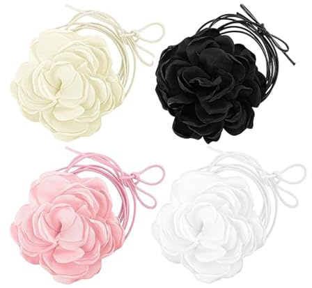 Armastuse 4 Stücke Halsband Blumen Choker Halskette Damen Mädchen, Beige Schwarze Halskette Verstellbare Seide Blumen Halskette für Frauen Mädchen Braut Hochzeit Party Geburtstag