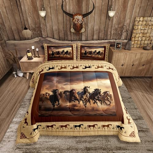 Feelyou Horse Comforter Set Queen Size Galloping Horse Comforter for Boys Kids Teens Western Decor Cute Animal Bedding Set Kawaii Farm Cowboy Brown Duvet Set Room Decor Quilt Set