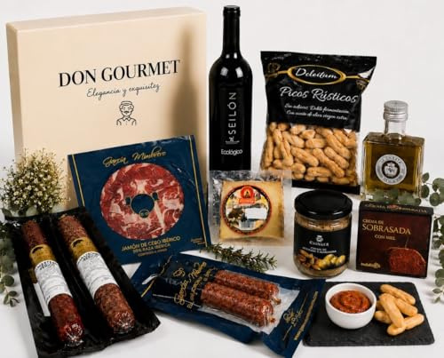 DON GOURMET, Cesta Gourmet para Regalar, Personalizable, Queso curado, jamón ibérico, chorizo ibérico, lote embutidos ibéricos, aceite de oliva, pack ibéricos, Regalo Cumpleaños. (CESTA 6)