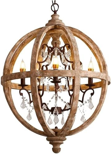 SHGDAIO Outdoor Chandelier Compatible with 24 Wide Retro Rustic Weathered Wooden Globe Chandelier Crystal 5-Light Pendant Lighting Kitchen Pendant,