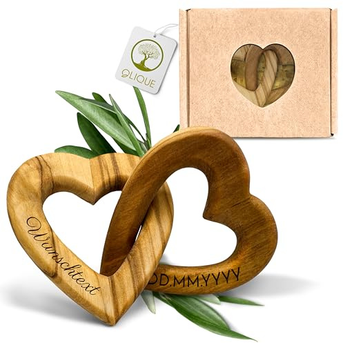 OLIQUE Holzherzen personalisiert, Olivenholz - Verbundene Holz Herzen mit Gravur als individuelles Geschenk zur Hochzeit, Hochzeitstag oder Verlobung (8 cm)