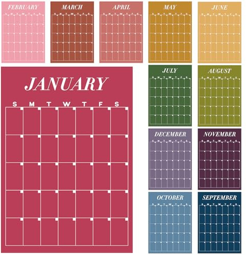12 Pcs Rainbow Undated Calendar 16‘'x 12‘' Large Erasable Wall Calendar Dry Ease Reusable Planning Colorful Yearly Rainbow Blank Planner for Office Home Educational Study Room Back to First Day