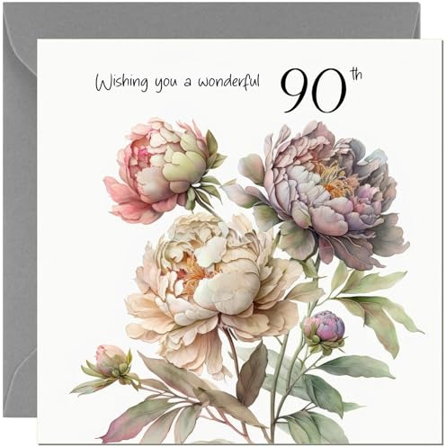 Geburtstagskarte zum 90. Geburtstag für Damen, elegante schöne Pfingstrosen, Blumen, Geburtstagskarte für 90 Jahre alte Frauen, 90