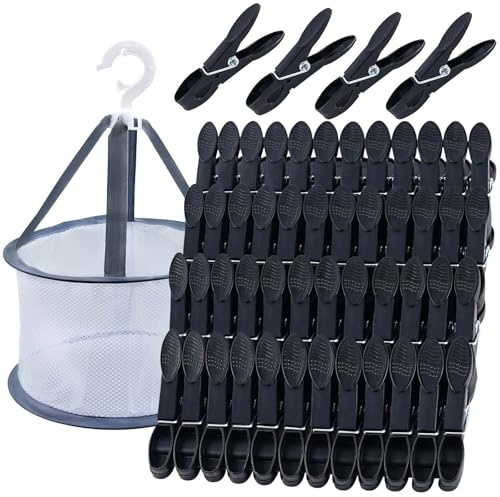 KEYBOO 48 stycken svarta tvättklämmor med korg, vindtåliga färgglada klämpåsar för tvättklämmor, plastklädklämmor utan avtryck sockklämmor för tvättlina och kläder, strumpor