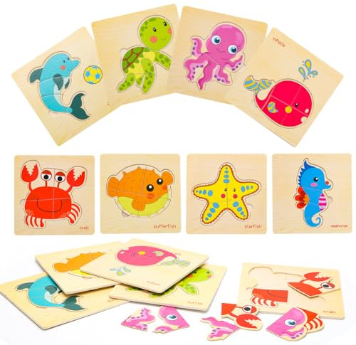 Puzzle in legno Montessori, 8 pezzi, animali marini, puzzle in legno a partire da 1 2 3 anni, giocattolo in legno a partire da 2 3 4 anni, puzzle a incastro, regalo per bambini