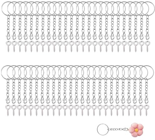 Attache Porte Clé 100 Pièces Anneau Porte Clé avec Chaîne Anneaux Porte Clé Loisir Creatif Kit pour Porte Clef a Fabriquer avec Anneaux de Saut Ouverts, Inoxydable avec Chaîne