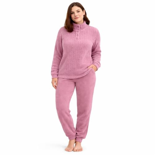 Vionara Home Pigiama Donna Invernale in Caldo e Morbido Coral Fleece, Set Pigiama in Pile, Collo Alto con 3 Bottoni, Ideale per Le Notti Fredde (IT, Testo, M, Regular, Regular, P606 - Rosa)