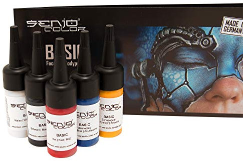 Senjo Color ® Airbrush Farben Set (Für Gesicht & Körper) Bodypainting Farben (5 x15ml) Farben: Schwarz, Weiß, Rot, Gelb & Blau