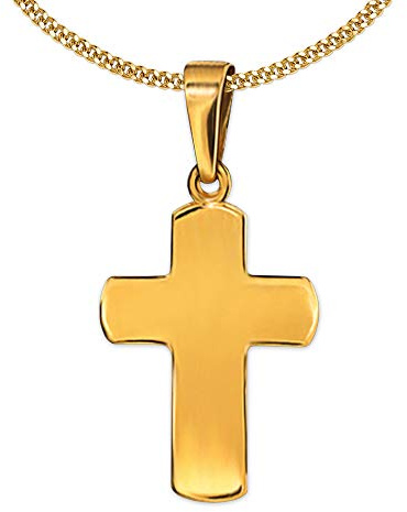 CLEVER SCHMUCK Set Goldener Kinder Kreuz Anhänger 12 mm breite Balken leicht gewölbte Form hochglänzend poliert 333 Gold 8 Karat und vergoldeter Kette Panzer 42 cm im Kreuz-Etui