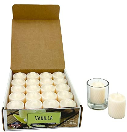 15 Hour Scented Votive Candles 20 Candles Per Box with Texured Finish (Ivory Vanilla Scent)
