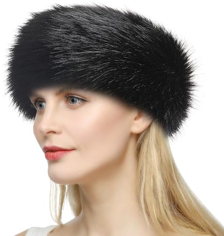 Dikoaina Womens Faux Fur Headband Winter Earwarmer Earmuff Ski, Black, 1 Count (Pack of 1)