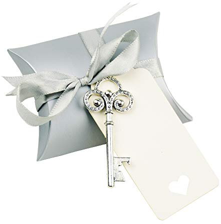 50pcs Vintage Skeleton Chiave Apribottiglie Bomboniera Souvenir Regalo Set Cuscino Contenitore di Caramelle Carta Regalo Escort Grazie Tag Francese Nastro (Argento)