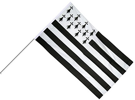 Digni® Grand drapeau France Bretagne sur hampe 60 x 90 cm avec autocollant, drapeau en polyester pour supporters, fêtes et décoration