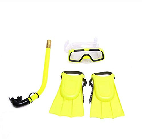 Molinter Ensemble de tuba pour enfant - Masque de plongée avec tuba et palmes en silicone - Pour garçon et fille - Jaune - Taille des palmes : 30-35