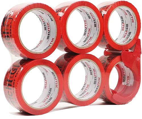 WELSTIK 6 Rollen Paketband Vorsicht Glas mit Plastik Abroller, Paketklebeband für Zerbrechliches Paket, 50mm x 66m je rolle