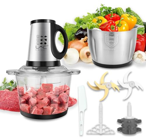 Robot da cucina con manico, tritacarne con due ciotole da 3,8 l, robot da cucina elettrico da 350 W, 3 velocità, 2 pezzi 4 lame a due livelli e spatola per alimenti per bambini, carne, verdura, frutta