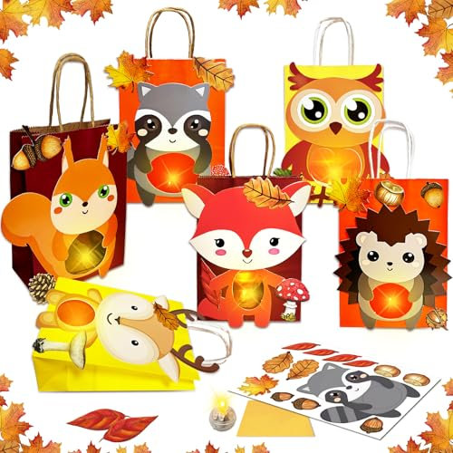 BARVERE Laternen Bastelset für Kinder, 6 Laternen mit LED, Papierlaternen Bastelset - Fuchs, Igel, Eule, Eichhörnchen, Elch, Waschbär, Herbst Laternen zum Selber Basteln für Deko, St Martin - B