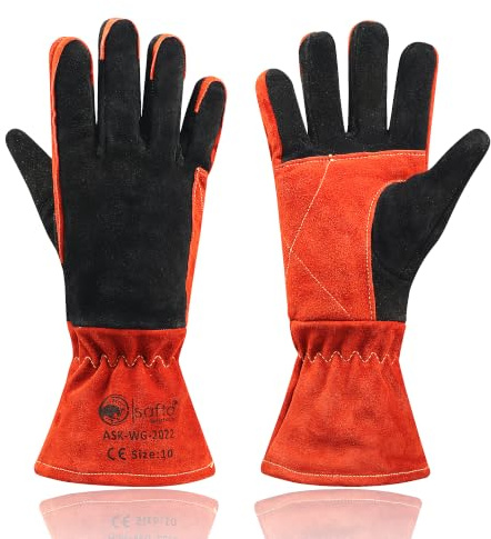 SAFTA Extreme Heat Resistant Gloves, Welding Gloves, Fire Heat Resistant Black 14INCHES, Fireproof Leather For Stick Mig Welder Forge Blacksmith Fireplace Wood Stove Fire. (Red Black) (Red/Black)