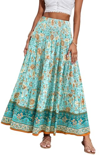 CFLONGE Summer Maxi Skirts for Women 2026 Fashion Boho Long Skirt Trendy Floral High Waist A Line Beach Skirt Vacation Outfit(Floral Green Apricot,Medium)