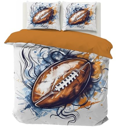 Housse de Couette 140x200 Football Américain Rugby Parure de Lit Imprimé Réversible Aquarelle Graffiti Boule 3D, Housses Couette 140x200 en 110g/m² Microfibre et 2 Taies d'oreiller 65x65 cm, Jaune