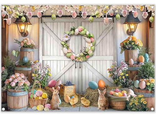 Luminora 2,1 x 1,5 m tyg vår påsk bakgrund vit trävägg ladugårdsdörr färgglada ägg kanin blommig fotografi bakgrund högtid fest dekorationer foto banderoll rekvisita