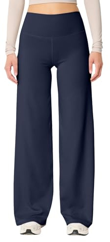 AMDOLE Yoga Pants Women Wide Leg Yoga Pants with Pockets High Waist Straight Leg Dress Pants Tummy Control Flare Leggings Navy, S