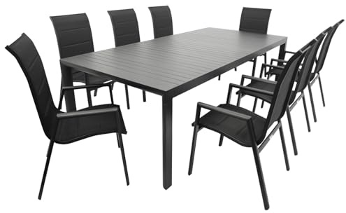 DEGAMO Gartenset Garnitur Lagos XL 9-teilig (8X Stapelsessel Hochlehner, 1x Ausziehtisch 195/255x120cm), Alu anthrazit, Outdoor