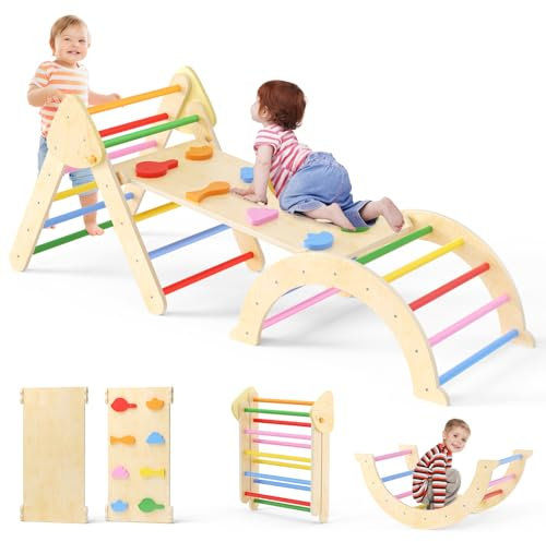 Struttura da arrampicata per bambini, 7 in 1, per interni, giocattolo da arrampicata pieghevole per interni, set da arrampicata Montessori in legno con arco, rampa e scala, parco giochi per interni da