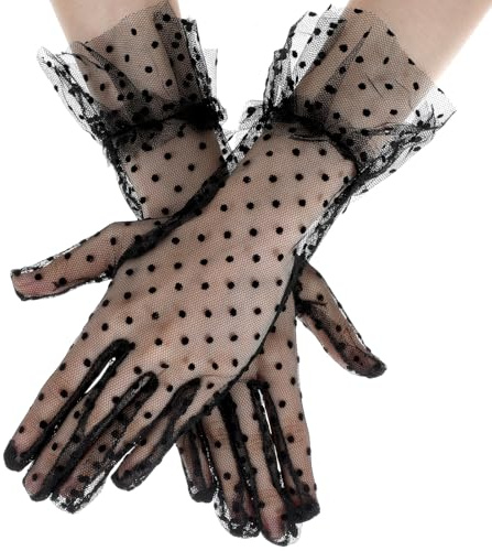 Grevosea Black Lace Gloves, Women Short Lace Glove Bridal Gloves for Wedding Tea Party Costume Favors Evening Glove (Black)