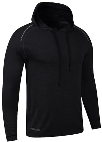Långärmad huvtröja för män löpning sweatshirts torr passform prestanda stretchig polyester och spandex, T203 Svart, L