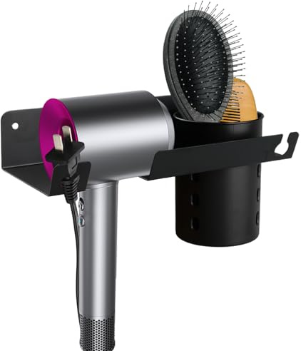 inodiref Hair Dryer Holder Wall Mounted, Multi-Functional Hairdryer Holder Wall Mounted, Hair Dryer Holder with Plug Hook, Bathroom Hair Styling Care Tool Organizer, Space Saving Storage Bracket