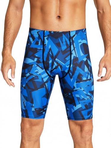 DEVOROPA Men's Swim Jammers Athletic Swimwear Racing Training Team Swimsuit Lap Competition Long Swimming Shorts Blue Print Size 34