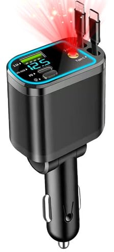 Caricatore Auto Retrattile 4 in 1, 80W Accendisigari Usb Doppio Caricatore da auto con iPhone, Google Pixel, Samsung Galaxy (Argento) (Nero)