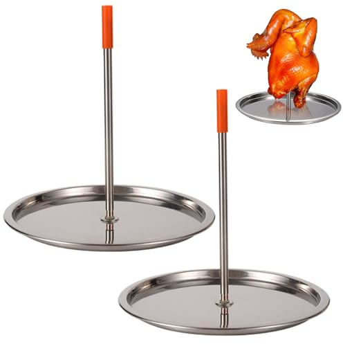 Otbushit Confezione da 2 spiedini Verticali in Acciaio Inox con griglia per spiedini con spiedo e vaschetta raccogligocce Rimovibili per Pollo Intero, Carne di Pesce, Design autoimbastitura