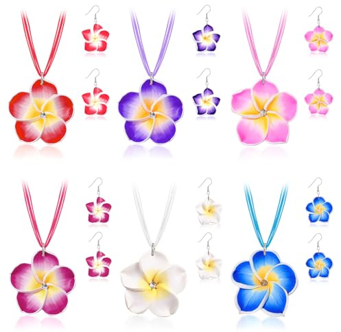 YEAMLTE Hawaii Plumeria Lot de 2 colliers et boucles d'oreilles en forme de frangipanier et boucles d'oreilles en argile polymère pour femme, vacances à la plage, fête, mariage