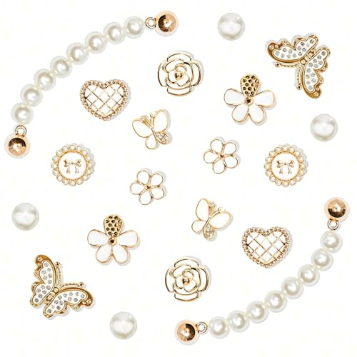Pwsap 20 Charmes de Chaussures Élégant Blanc et Doré pour Sabots Sandales | Luxe Breloques de Chaussures Papillon Cœur Fleur Chaîne Perles, avec Boîte de Rangement, Tendance, Durable et Brillant