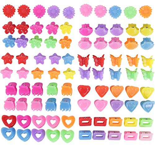 Lawie 90 Pack Small Mini Rainbow Flower Star Heart Butterfly Plastic Hair Claw Clips Jaw Barrettes Grip Clamps Pins Updo Decorative Bun Bangs Braids Y2K Accessories for Kids Toddler Baby Girls Dolls