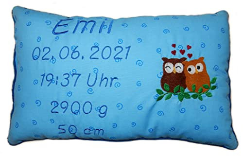 Momelie Blaues Schmusekissen * Kuschelkissen * Eule * mit Namen Bestickt * 25 x 40 cm * SK-bl_0048