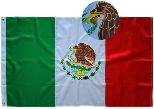 Bandera mexicana de México de 3 x 5 pies, bordada de doble costura, rayas cosidas para exteriores e interiores, bandera de poliéster resistente 210D con ojales de latón