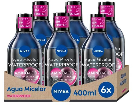 NIVEA Agua micelar Bifásica Waterproof Professional Piel Sensible en pack de 6 (6 x 400 ml), desmaquillante para limpieza facial con extracto de té negro, desmaquillador de ojos y rostro