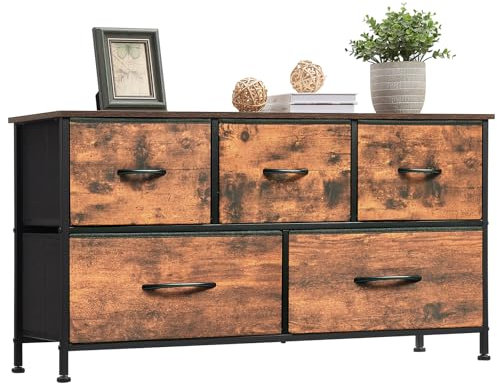 Somdot Kommode mit Schubladen, Stoffkommode, Kommode für Schlafzimmer Wohnzimmer Flur, Komodenschrank Schubladenschrank Aufbewahrungsschrank, 5 Stoffschubladen, Holzmaserung