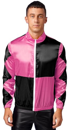 Hedmy Mens Horse Costume Satin Jackets Halloween Checkerboard Outerwear Hot Pink&Black M