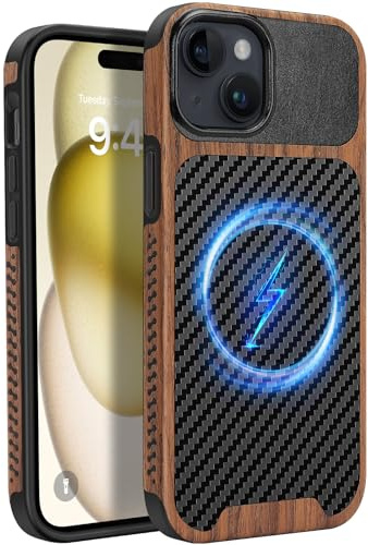 ZZDZZ Coque Magnétique pour iPhone 15 [Compatible avec MagSafe] Étui de Cuir en Bois et Carbone Protection Antichoc Housse pour iPhone 15 - Noir