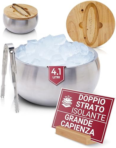 Gusto Nostro Secchiello Ghiaccio ad Isolamento Termico da 4,1L con Coperchio e Pinze, Porta Ghiaccio per Bottiglie a Doppia Parete in Acciaio Inox, Senza BPA, Extra Capienza per Champagne, Vino, Birra