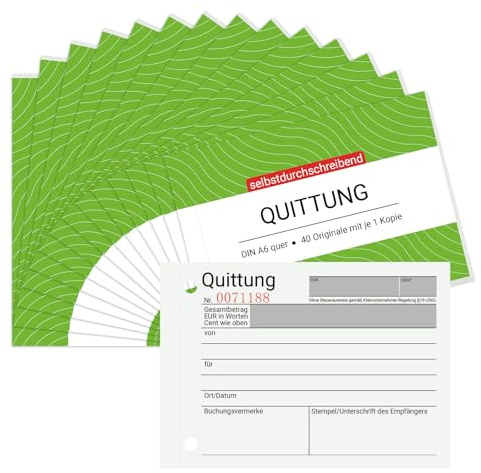 YBCPACK 12 Stück Quittungsblock mit Durchschlag für Kleinunternehmer, Quittung A6 quer, 2x40 Blatt, ohne MwSt. - durchschreibend