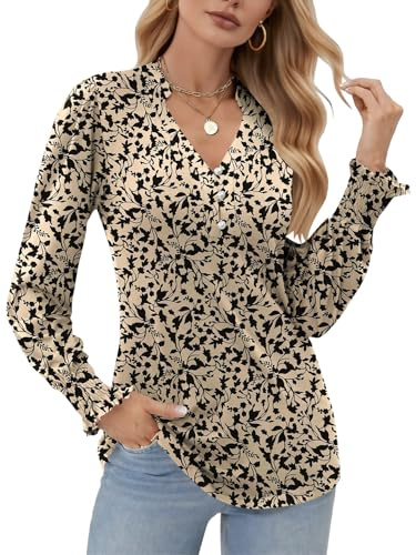 Cuptacc Langarmshirt Damen Elegant Bluse Mit V-Ausschnitt Rüschen Langarm Festliche Oberteile Lässige Longbluse Aprikose Schwarz Blume, XL 46-48