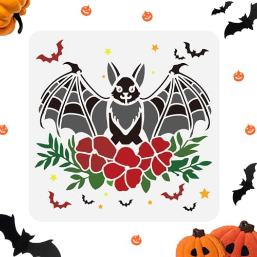 DOODLREAM Niedliche Fledermaus Schablone Malen Florale Fledermaus Schablone Zeichenvorlage Halloween Malvorlage Selbermachen Basteln Malen für Wand Heimdekoration Holz Karte Leinwand 30 × 30 cm