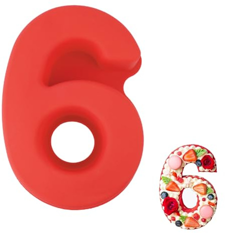 Vicloon Silikon Kuchenform Zahlen Groß, Silikon Backform Zahl 6, Antihaftend Silikons Backform, Eingedickt Number Cake Backforms, Besondere Backforms für Küche, Torte, Brot, Backen, Pudding- Rot
